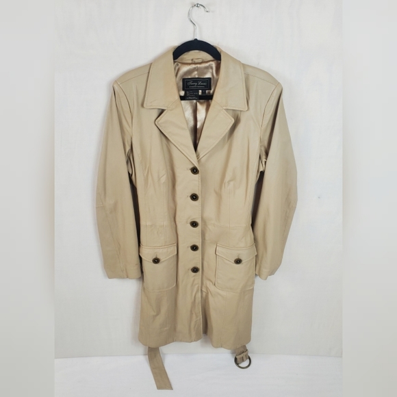 Terry Lewis Leather Trench Coat Womens Large Double Breasted Belted Pockets - Picture 5 of 6